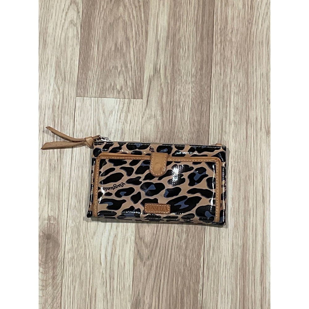 Consuela Slim Wallet Leopard Print Glossy Leather Trim Card Case Zip Pouch